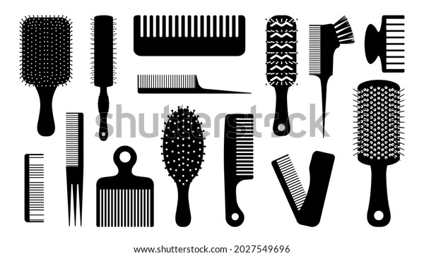 Black hair brush. Silhouettes of combs for haircut.\
Barber and hairdresser tools. Hairstyling or haircutting equipment.\
Beauty salon elements. Vector round and flat hairbrushes\
set