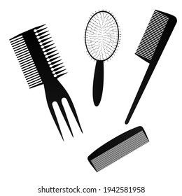 A black hair comb on a white background. Vector illustration. A set of insulated combs for the hairdresser.