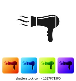 Black Hair dryer icon isolated on white background. Hairdryer sign. Hair drying symbol. Blowing hot air. Set icon in color square buttons. Vector Illustration