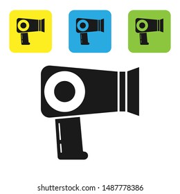 Black Hair dryer icon isolated on white background. Hairdryer sign. Hair drying symbol. Blowing hot air. Set icons colorful square buttons. Vector Illustration