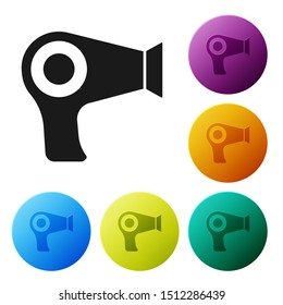 Black Hair dryer icon isolated on white background. Hairdryer sign. Hair drying symbol. Blowing hot air. Set icons colorful circle buttons. Vector Illustration