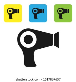 Black Hair dryer icon isolated on white background. Hairdryer sign. Hair drying symbol. Blowing hot air. Set icons colorful square buttons. Vector Illustration