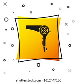 Black Hair dryer icon isolated on white background. Hairdryer sign. Hair drying symbol. Blowing hot air. Yellow square button. Vector Illustration
