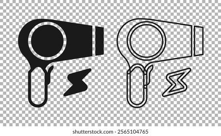 Black Hair dryer icon isolated on transparent background. Hairdryer sign. Hair drying symbol. Blowing hot air.  Vector