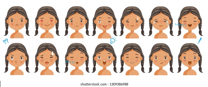 Black hair face facial emotions set. Child face with different expressions. Variety of emotions children. female heads show a variety of moods and differences. Schoolboy portrait avatars. vector
