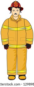Black hair fireman with full gear on wearing safety hat.