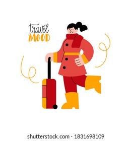 Black hair girl in colorful autumn outfit with suitcase ready to journey. Flat vector illustration with travel mood lettering phrase isolated on white background. Art for social media, banner or print