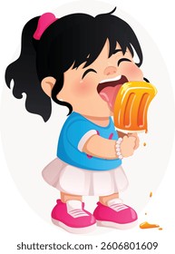 Black Hair Girl Licking Orange Creamsicle. Cute Chibi Cartoon Character Illustration.