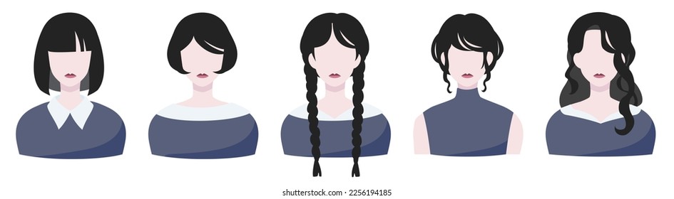 Black hair girl with red lips. Many hairstyle variations.