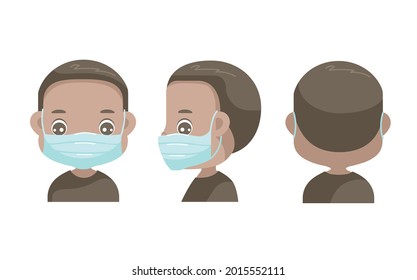 black hair little boy face mask. front, side and rear view. head of preschool character. Covid-19 prevention concept.