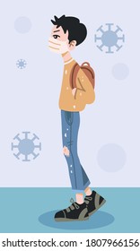 Black hair man characters, wearing masks to prevent epidemic COVID-19,on a blue background.vector illustration.