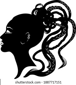 Black hair and pigtail, braided, cornrows hair style. Silhouette of woman side view face. Vector illustration isolated on a white background. Print, logo, poster, t-shirt, card.