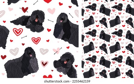 Black hair Puli dog Valentine's day heart wallpaper. Love doodles hearts with pets holiday texture. square background, repeatable pattern. St Valentine's day wallpaper, valentine present, print tiles.