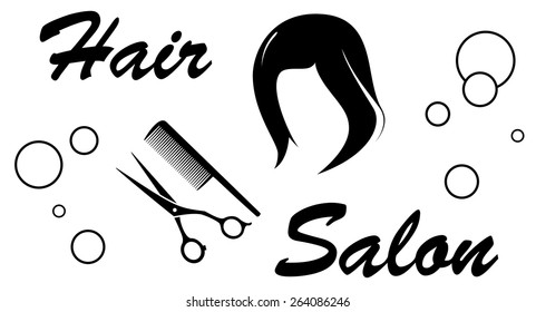 black hair salon sign with barber objects on white background