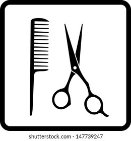 black hair salon sign with scissors and comb