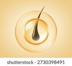 Black hair strand protected inside a golden oil droplet. Vitamin oil hair serum. Realistic vector illustration