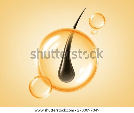 Black hair strand protected inside a golden oil droplet. Vitamin oil hair serum. Realistic vector illustration