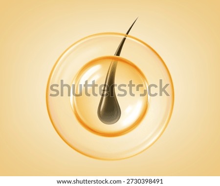 Black hair strand protected inside a golden oil droplet. Vitamin oil hair serum. Realistic vector illustration