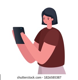 black hair woman cartoon with tablet working design of Work from home theme Vector illustration