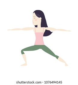 Black hair woman doing yoga warrior pose cartoon vector illustration