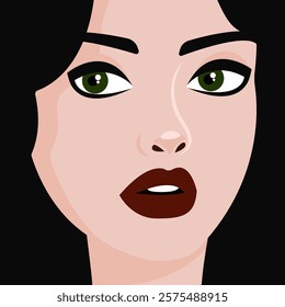 black hair woman with green eyes face illustration vector, retro style