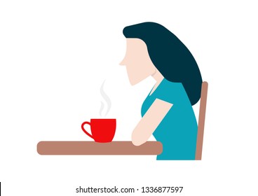 
Black hair woman waiting sitting having a coffee. Flat style vector illustration.