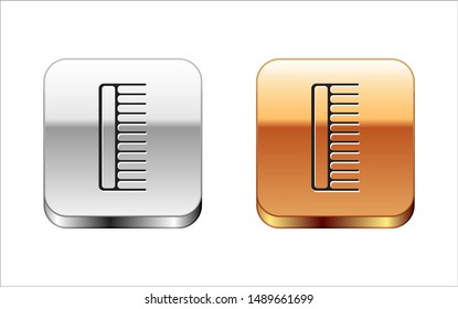 Black Hairbrush icon isolated on white background. Comb hair sign. Barber symbol. Silver-gold square button. Vector Illustration