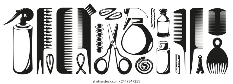 Black hairbrushes. Silhouette of hair styling tools, hairdresser equipment for hair care, salon accessories for hairdresser. Vector collection. Isolated objects for hairstyle and cutting services