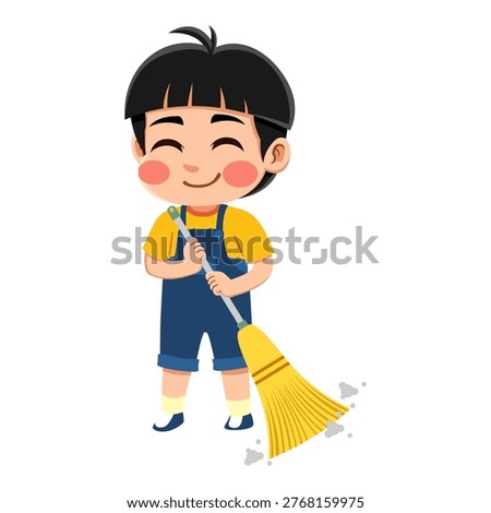  black haired Asian boy wearing an yellow and blue outfit is sweeping the yard black haired Asian boy wearing an yellow and blue outfit is sweeping the yard