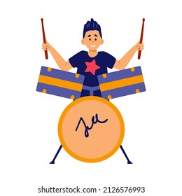 Black Haired Boy Playing Drums, Isolated On White Background. Young Kid Play Rhythm Percussion Music Instrument, Cartoon Flat Vector Illustration. Children Music Class Vector Icon Or Avatar.