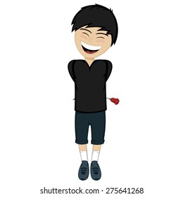 A black haired boy with a rose behind his back