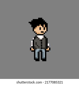 black haired boy with uniform in pixel style vector