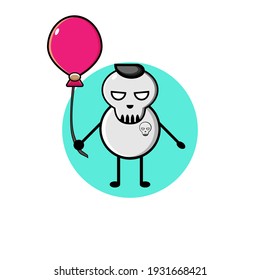 Black haired cute skull character illustration design carrying balloons