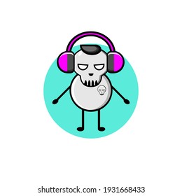 Black haired cute skull character illustration design listening to music