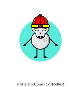Black haired cute skull character illustration design wearing red hat