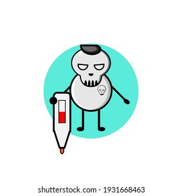 Black haired cute skull character illustration design carrying a temperature gauge
