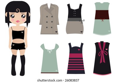 Black Haired Female Paper Doll Wearing Black Undergarments, With A Brown Coat And Dress And Green, Pink And Black Dresses