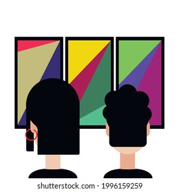 black haired lady and gentleman watching at the wall with pictures in the black frames, illustrated from the back side, mistery woman, hair style, flat icon