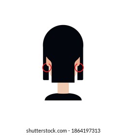 señora de cabello negro con anillos de oído rojos, ilustrado desde el lado de atrás, mujer misteriosa, icono plano