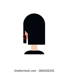 black haired lady wearing red circle ear rings, illustrated from the back side, mystery woman, hair style, flat icon