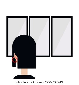 black haired lady wearing red circle ear ring looking at the wall with pictures in the black frames, illustrated from the back side, mistery woman, hair style, flat icon