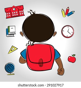 Black haired or latin boy going to school, school items around