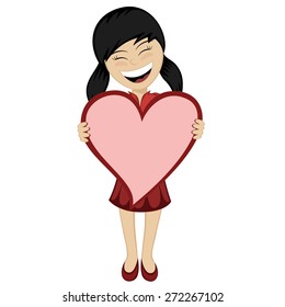 A black haired little girl with a big pink heart