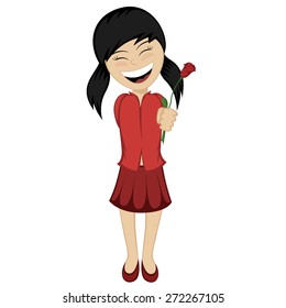 A black haired little girl gives a rose