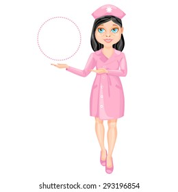 Black haired nurse pointing on something by her hands / There is a black haired nurse wearing a pink suit. She stands straight and pointing by her both hands on something on the left
