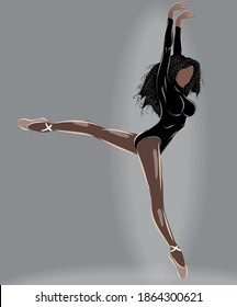 Black haired tanned ballerina in leotard and beige ballet slippers doing a split mid air. Vector