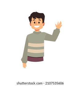 Black haired white boy wave hello, cartoon character design. Little kid waving bye, hand gesture vector illustration. Childcare or elementary school character avatar.