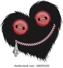 black hairy heart with toggles in place of eyes