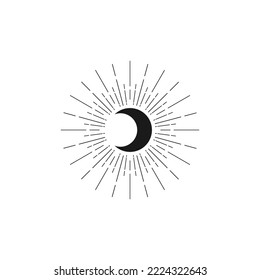 Black half moon with rays isolated on white. Night, sky, dream, sleep symbol. Shining crescent Vector illustration. Fairytale, fantasy, magic logo. Celestial symbol.