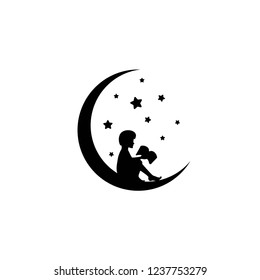 Black half moon and stars and boy with book. Kids fantasy. Isolated on white. Flat design. Vector illustration. Children reading. Fairytale logo. 